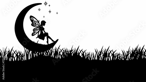 Whimsical fairy sitting on crescent moon with starry night, dreamy celestial silhouette art