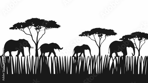 Stunning silhouette of elephants grazing peacefully in the African savanna, evokes safari adventure
