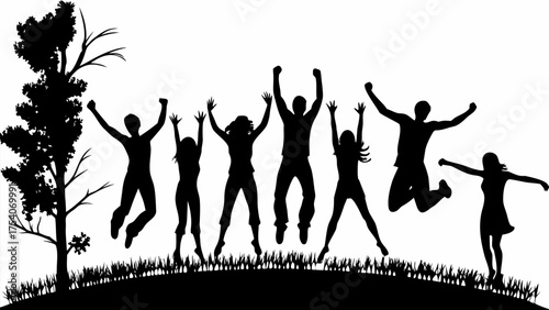 Silhouetted joyful group jumping in celebration near tree, radiating happiness and excitement outdoors