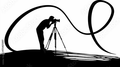 Dynamic silhouette of focused photographer capturing stunning landscapes with professional camera gear