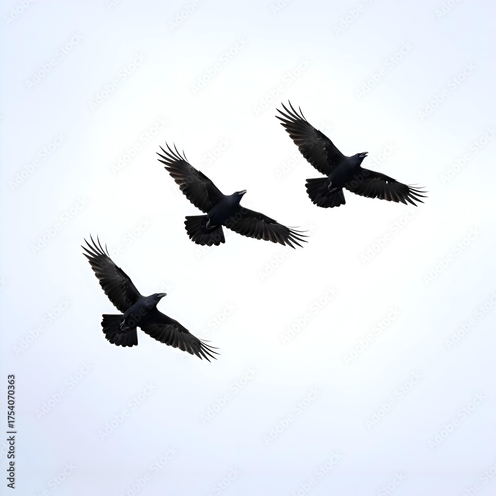 Obraz premium Three Majestic Black Crows Soaring Gracefully with Outstretched Wings Against a Clear Pale Sky