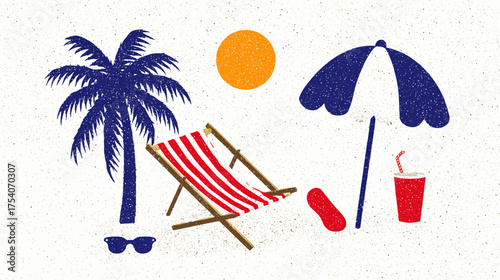 Textured beach illustration blue palm orange sun red striped chair blue umbrella red flipflops sunglasses drink