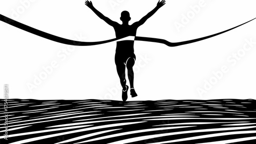 Triumphant runner breaks the finish line tape, achieving victory in energetic monochrome style