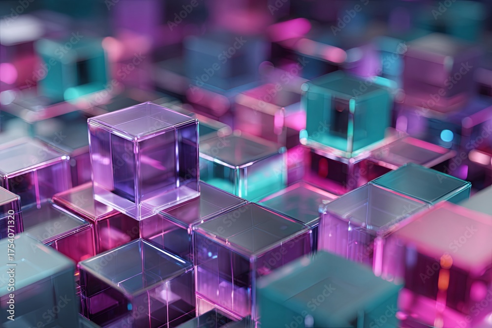 Obraz premium Abstract futuristic background with glowing cubes in vibrant purple, pink, and teal colors representing digital technology and modern design elements