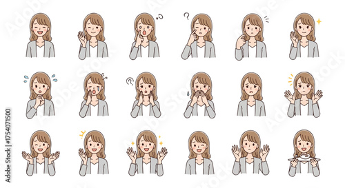 スーツを着た働く若い女性の表情イラストセット