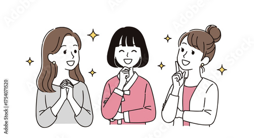 友達と笑顔で話す若い女性のシンプルなベクターイラスト