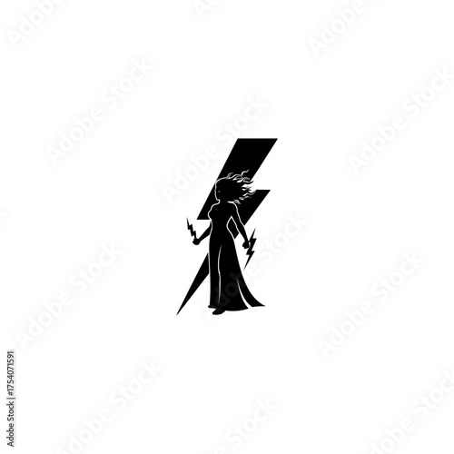 Silhouette of a woman holding lightning in front of a lightning bolt