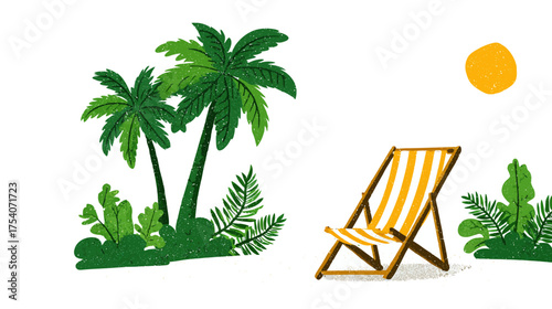 Textured illustration of two palm trees assorted green foliage a yellow striped beach chair and an orange sun
