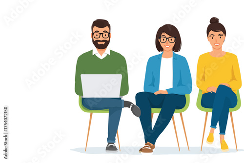 Three diverse cartoon individuals two women and one man with a laptop seated on chairs