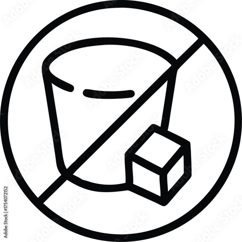 Black and white line art icon symbolizing no sugar added in drinks or food with a crossed out cup and sugar cube