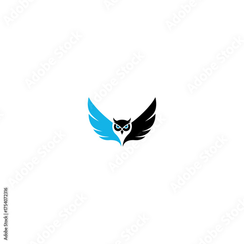 Stylized owl with blue eyes and wings, one black, one blue, centered