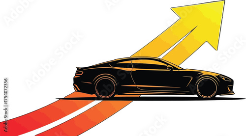 Black car with a yellow arrow going up isolated on white background the arrow indicates the growth of the car industry or sales