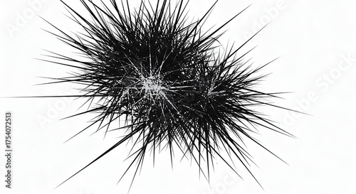 Abstract black, spiky shapes on white. Center cluster with radial lines. Isolated minimalist design