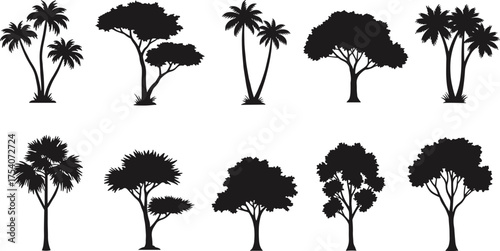 Tropical palm and acacia tree silhouette collection isolated on white background, black vector illustration for nature, forest, and landscape design