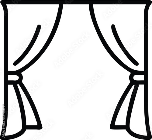 Simple outline icon of an open archway with draped curtains tied back on both sides