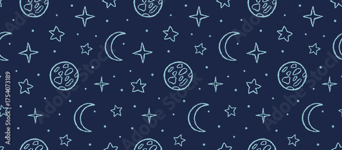 Seamless pattern with crayon doodle moon and stars. Abstract night sky background with cute hand drawn celestial elements. Magic night seamless pattern with chalk texture, vector illustration