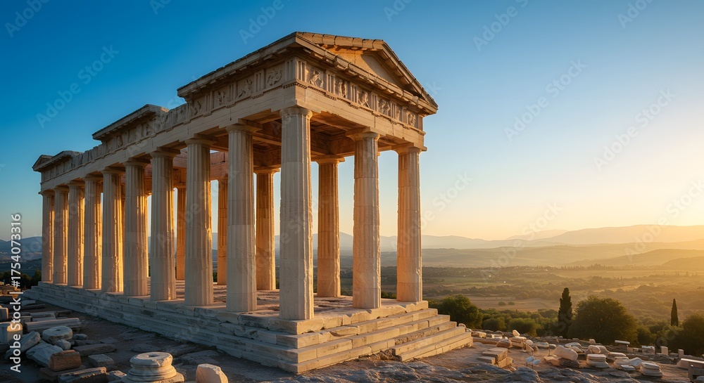 Naklejka premium Ancient Greek temple ruins at sunrise, bathed in golden light, overlooking rolling hills