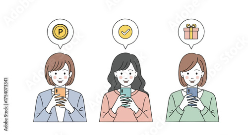 スマートフォンを操作するオシャレな若い女性3人のシンプルなベクターイラストセット