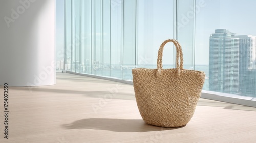 Bright minimalist interior with woven straw basket on light wooden floor near large windows, airy space illuminated by natural daylight with cityscape view