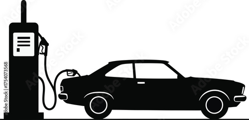 Silhouette of a car being refueled at a gas station isolated on white background, symbolizing transportation and energy consumption