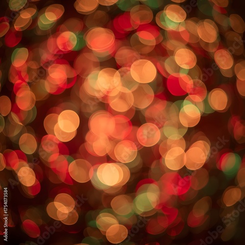Warm Vintage Christmas Background with Glowing Central Bokeh Lights in Gold and Ruby Red Hues and Dark Vignette