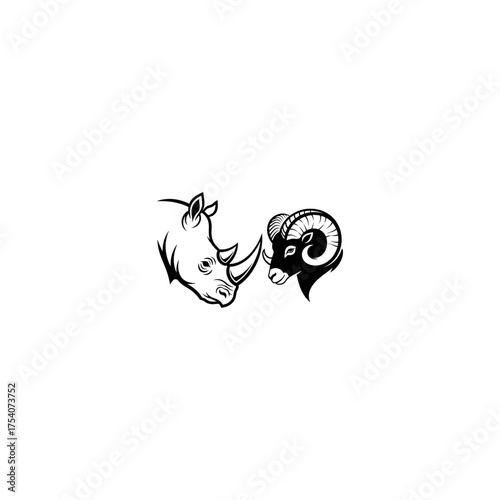 Rhino and ram heads facing each other in black and white illustration