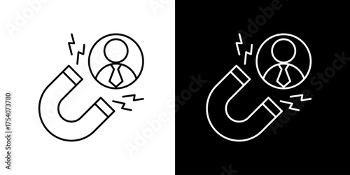 Lead generation magnet icon symbolizing inbound marketing and customer acquisition strategy. Vector line art illustration