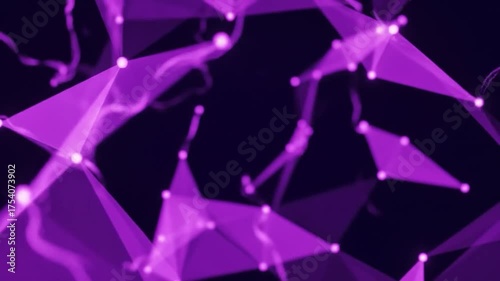 Abstract purple geometric network with glowing nodes and connecting lines on a dark background, featuring dynamic swirling trails