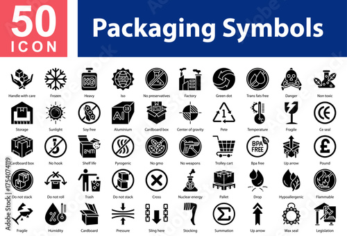 Minimalist Packaging Symbols Glyph icons set with editable stroke, featuring:  Handle with care,Frozen,Heavy,Iso,No preservatives,Factory,Green dot,Trans fats free,Danger,Non toxic,Storage,Sunlight