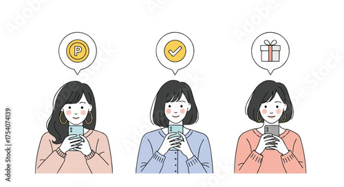 スマートフォンを操作するオシャレな若い女性3人のシンプルなベクターイラストセット