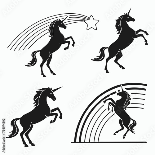 Vector art of four unicorn silhouettes, standing and rearing poses