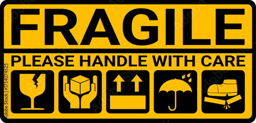 sticker fragile handle with care, black and yellow fragile warning label, fragile label with broken glass symbol, vector asset. warning sign for delivery package.