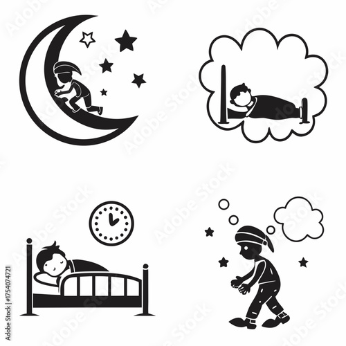 Vector art of black and white vector illustration of a child sleeping and dreaming