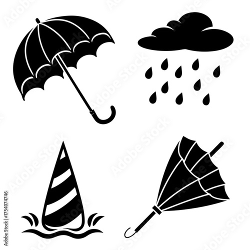 Vector art of weather icons set with umbrella, rain cloud, sailboat, and overturned umbrella