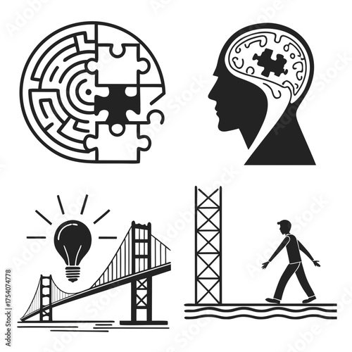 Vector art of maze and bridge represent problem solving, innovation, and business strategy