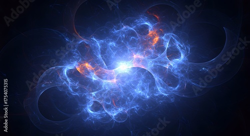 Abstract blue and orange energy burst against a black backdrop, suggesting cosmic phenomena