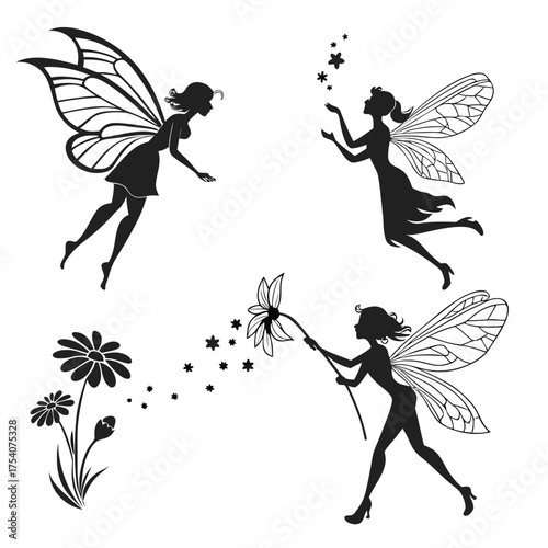 Vector art of silhouette of fairies with wings, flowers and stars