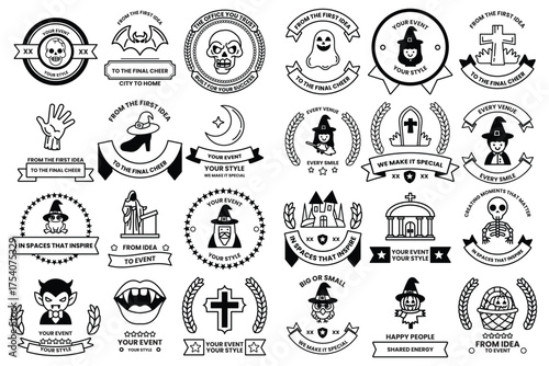 A collection of Halloween themed badges and ribbons