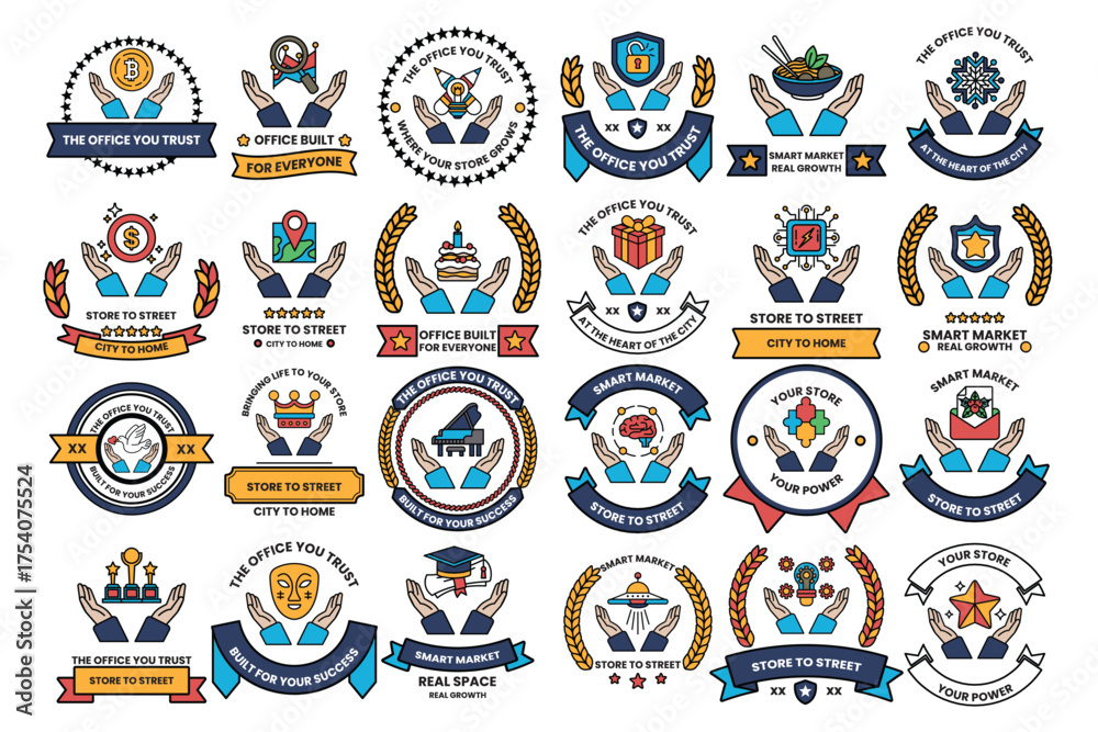 Fototapeta premium A collection of symbols and emblems, including a crown, a heart, and a hand