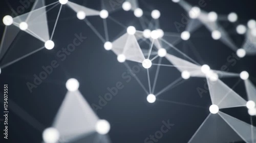 A dark background features an abstract digital network of glowing white nodes connected by translucent lines forming triangles