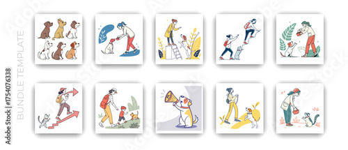 Dog training and pet care illustration set with people and dogs performing various activities in flat hand drawn style