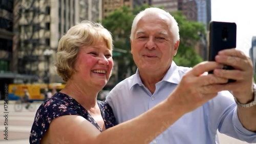 Happy senior couple smiles, taking a joyful selfie with a smartphone on a bright city street