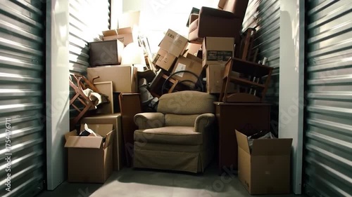 A self-storage unit crammed full of moving boxes, an armchair, and various household furniture items