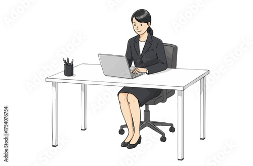 パソコン操作するビジネスウーマン（シンプルカラー）