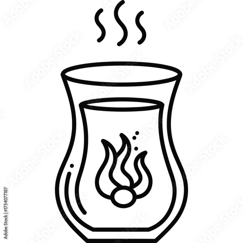 Turkish tea glass with steam, outline icon drink beverage traditional culture hospitality symbol hot black