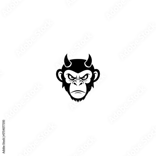 Devilish ape head, glaring, stylized, black ink design on white background