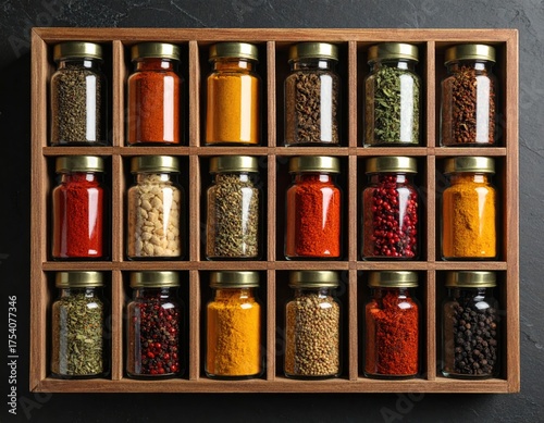 A wooden spice rack holds a variety of spices in clear glass jars with gold lids, arranged neatly in rows against a dark background.