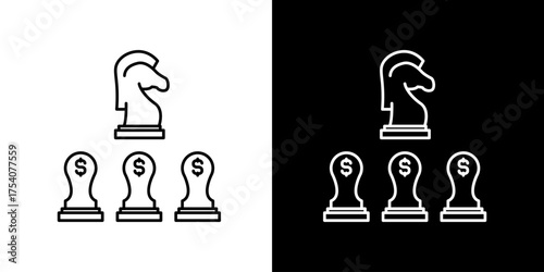 Line icon for business strategy and financial investment, featuring a chess knight leading pawns with dollar signs