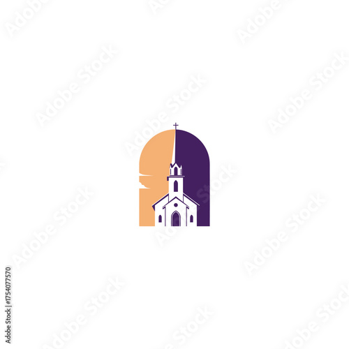 Church silhouette within arched peach and purple background