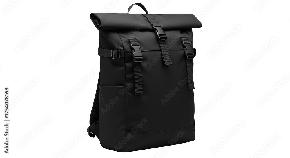 Naklejka premium Sleek Black Rolltop Backpack With Buckle Straps
